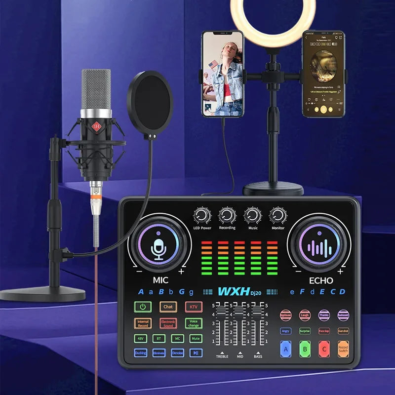 Dj20 Sound Card Studio Mixer WXH520 Noise Reduction Microphone Singing Voice Live Broadcast Phone Computer Record USB Sound Set