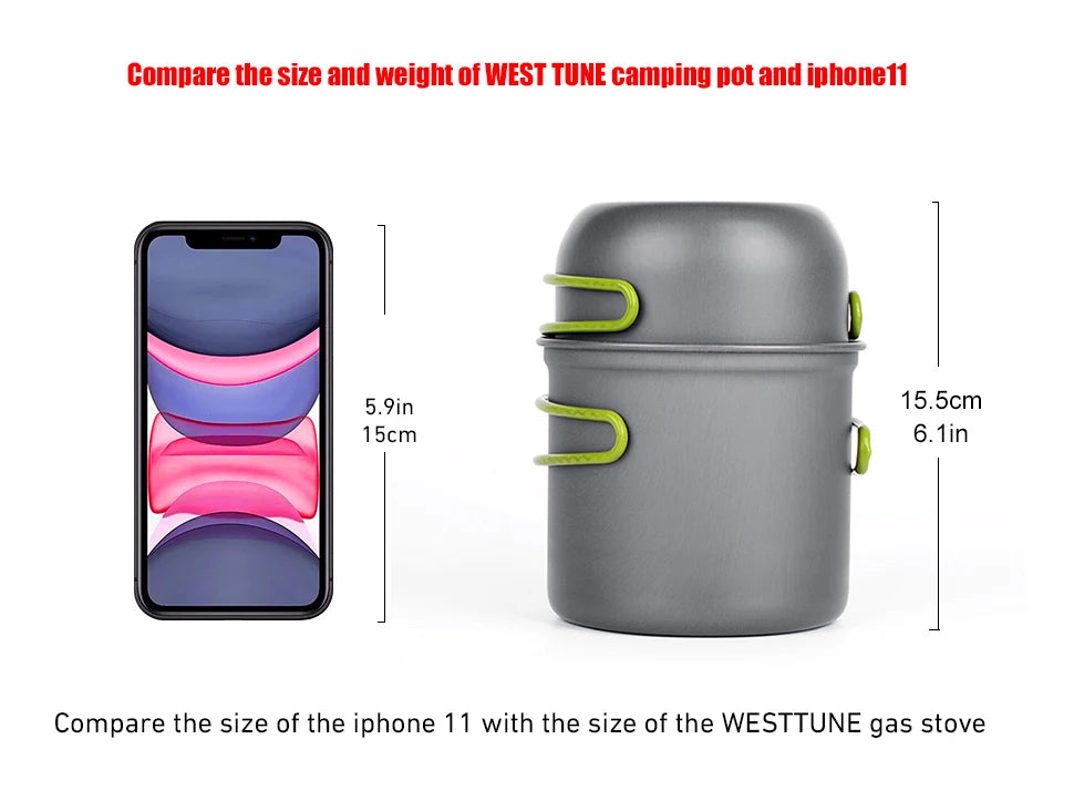 WESTTUNE Camping Pot Hiking Cookware Portable Outdoor Cooking Set Heat Cooker Camping Travel Tableware Kitchen Utensil Equipment