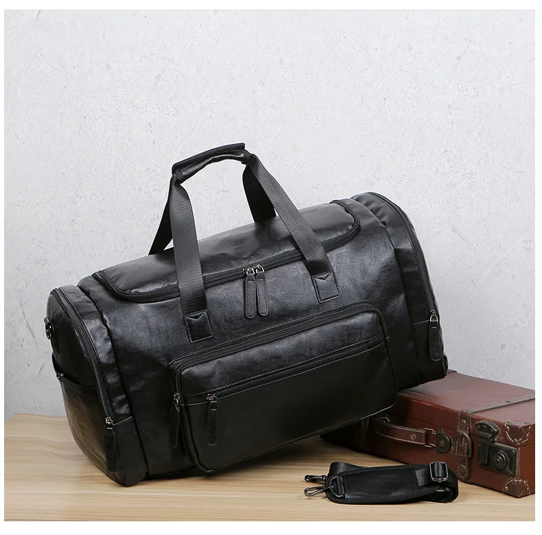 Geestock Business Men PU Leather Gym Duffel Bag Large Capacity Sports Travel Tote Handbag For Male Fitness Vintage Luggage Bag