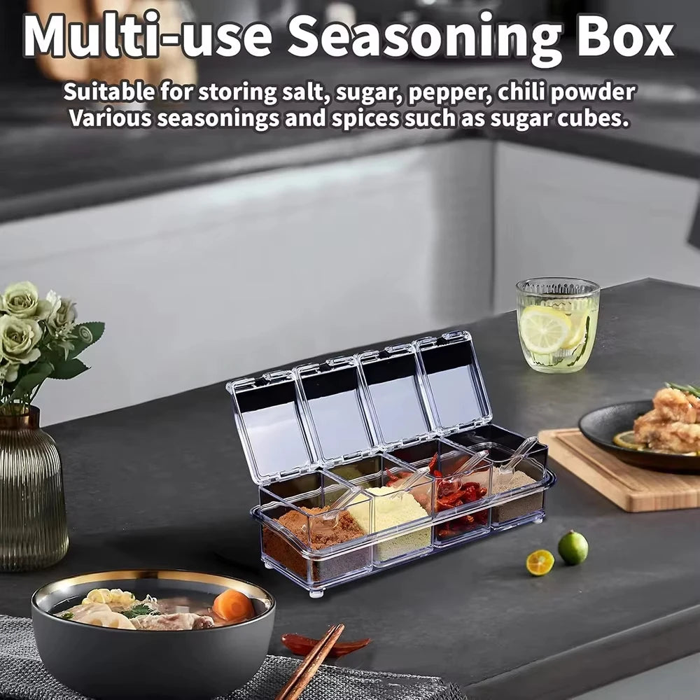 Kitchen Accessories Gourmet Acrylic Seasoning Box with 4 Serving Spoons Spice Jar Set Condiment Cruet Bottle Kitchen Supplies