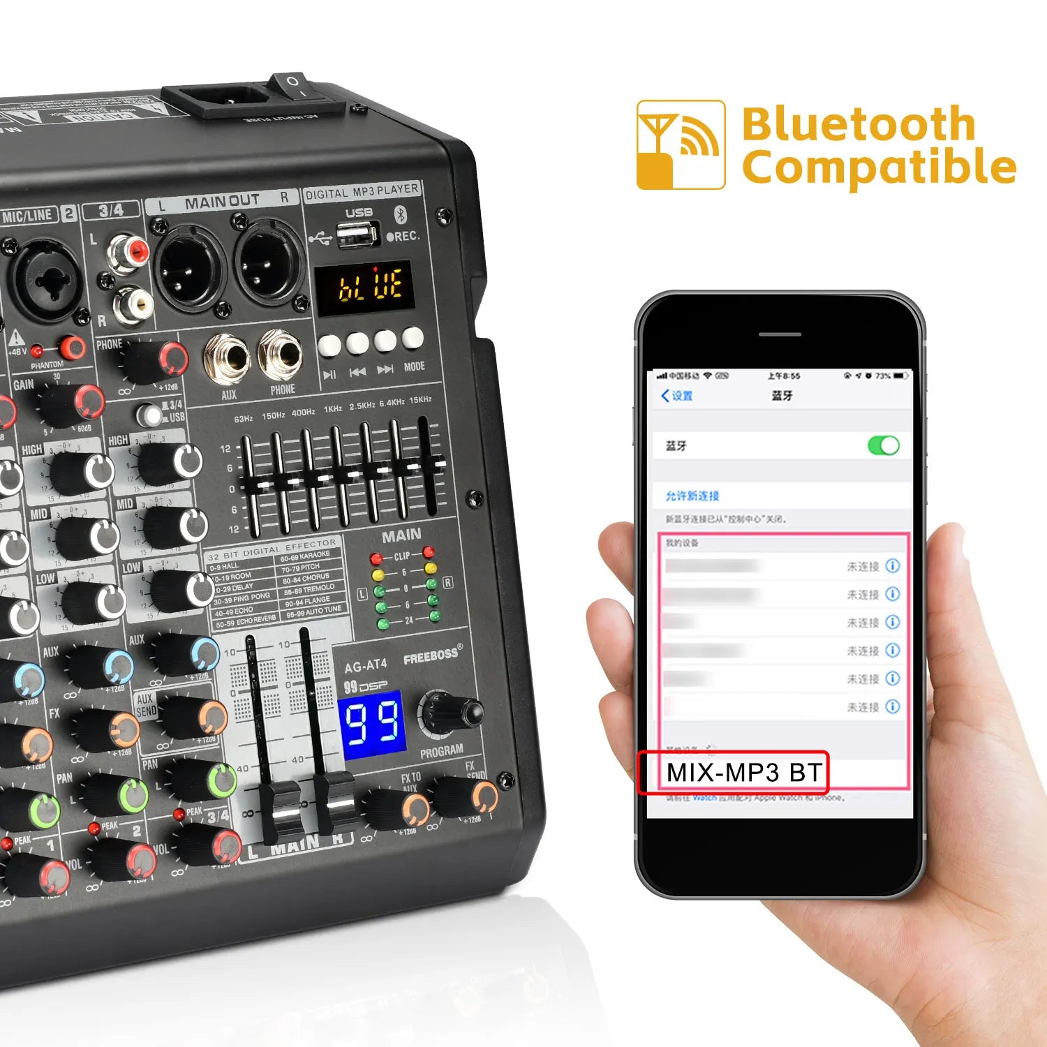 Freeboss Audio Mixer 4 Channels 99 Effect USB Mixing Console PC Record Bluetooth Studio 48V Sound Table Karaoke Mix Desk AG-AT4