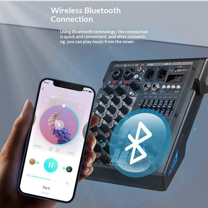 MP3 Mixer with Bluetooth - 99 DSP Effects, 7-Band EQ, 48V Phantom Power, USB Sound Card for Live Streaming Stage Recording