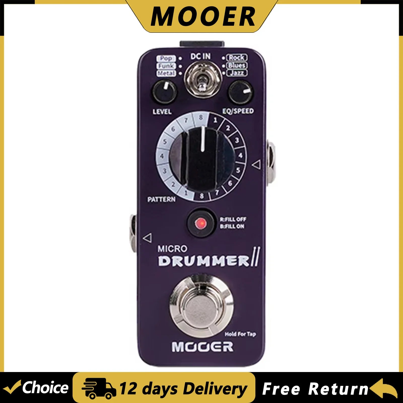 MOOER Micro Drummer II Guitar Drum Machine Effect Pedal 6 Style Per 48 Drummer Grooves 8 Different Rythem with EQ Tap Tempo Fill