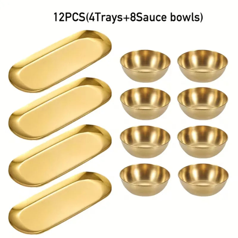 3/6/9/12pcs Golden Sauce Bowl Serving Tray Set Stainless Steel Seasoning Cup Sushi Dipping Bowl Serving Tray Snack Dish Plate