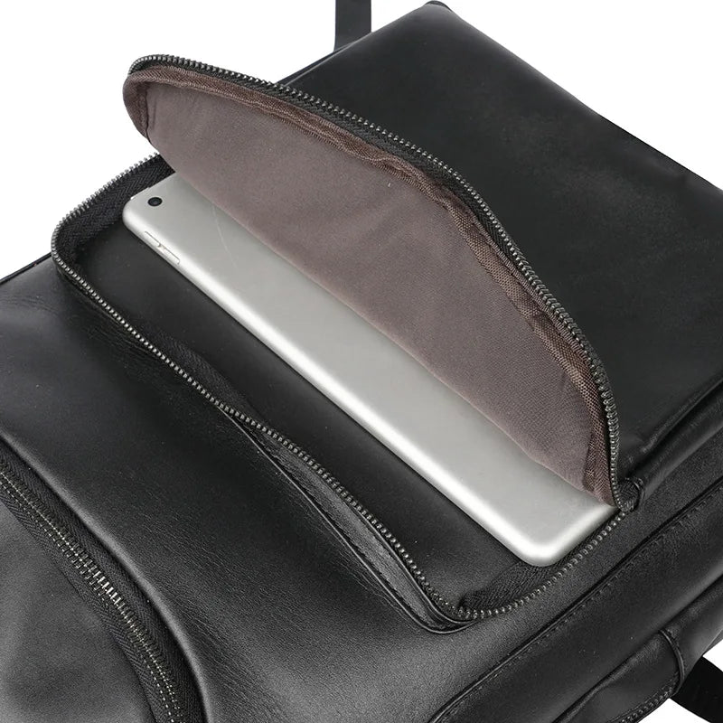 Men's 15.6 Inch Business Laptop Backpack Black Premium Cowhide Leather for Commuter Casual Student Office Travel