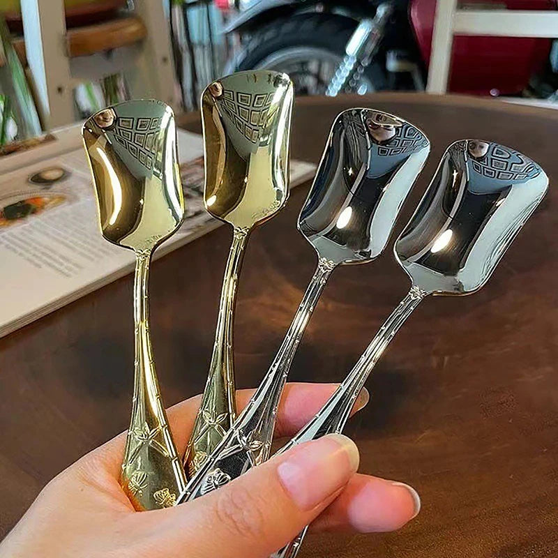 17 Cm Flat Bottom Spoon Stainless Steel Square Dinner Spoons Stirring Spoon Long Handle Drink Spoon For Ice Cream Dessert