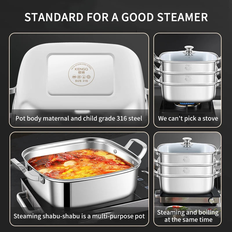 Household Square Steamer 316 Stainless Steel Thickened Three-Layer Steamer Tray Multifunctional for Gas & Electromagnetic Use