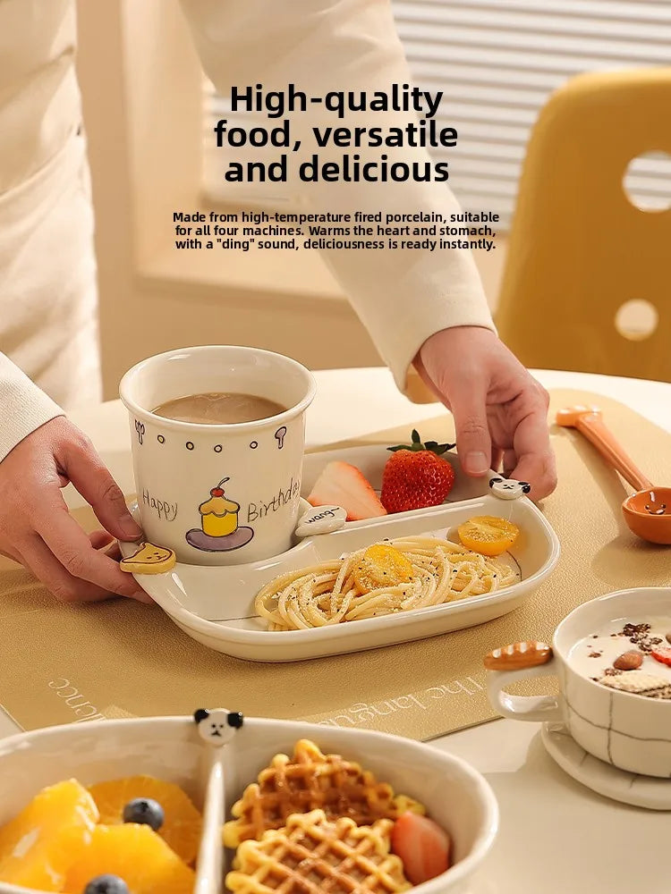 Beautiful Ceramic Breakfast Plate Dinnerware Set Coffee Cup Divided Plate Korean Style Casual Cartoon Pattern Home Use
