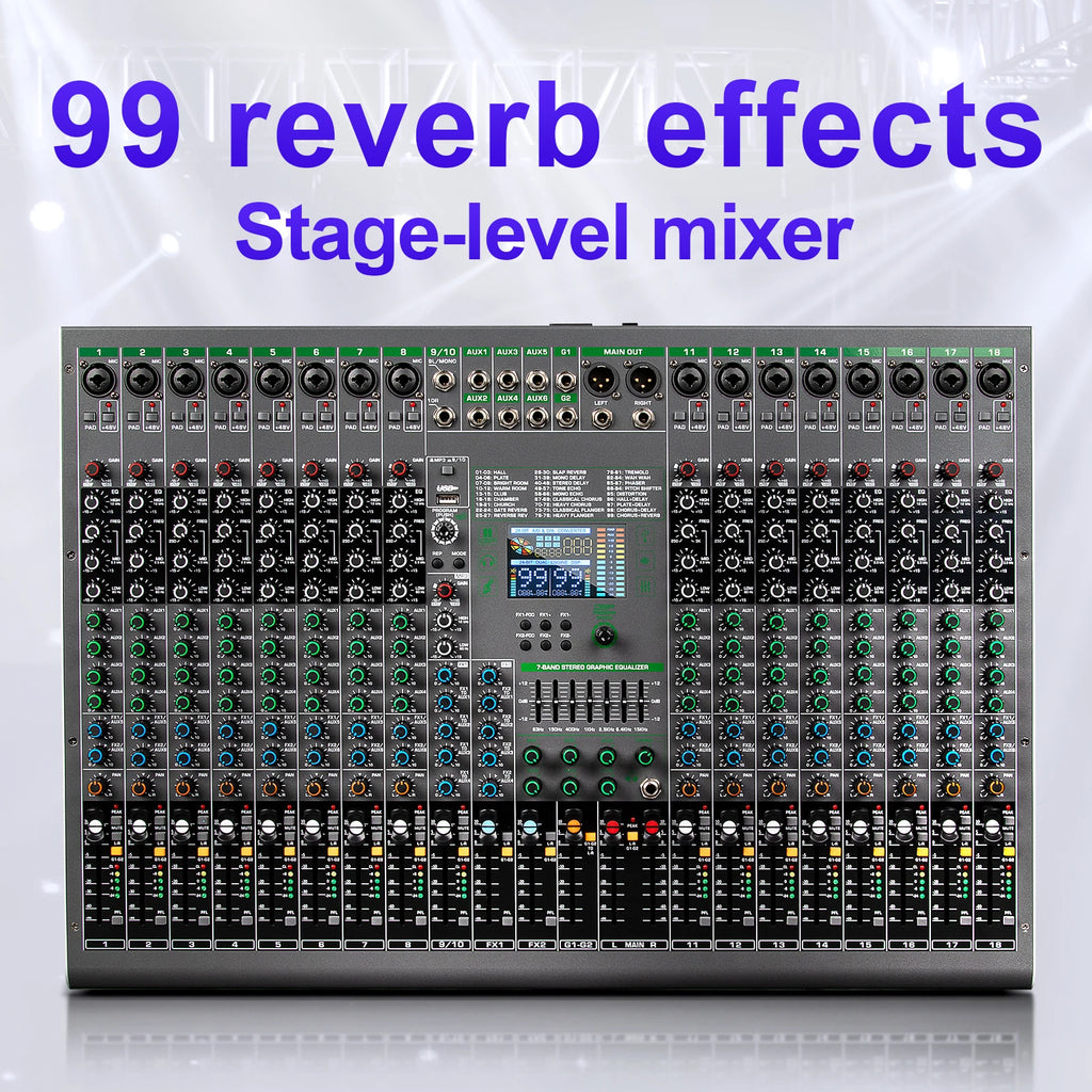 Depusheng Digital Mixer Professional Audio Mixer 18channels with 99bit dps reverb chip Bluetooth USB MP3 for stage bar studio DJ