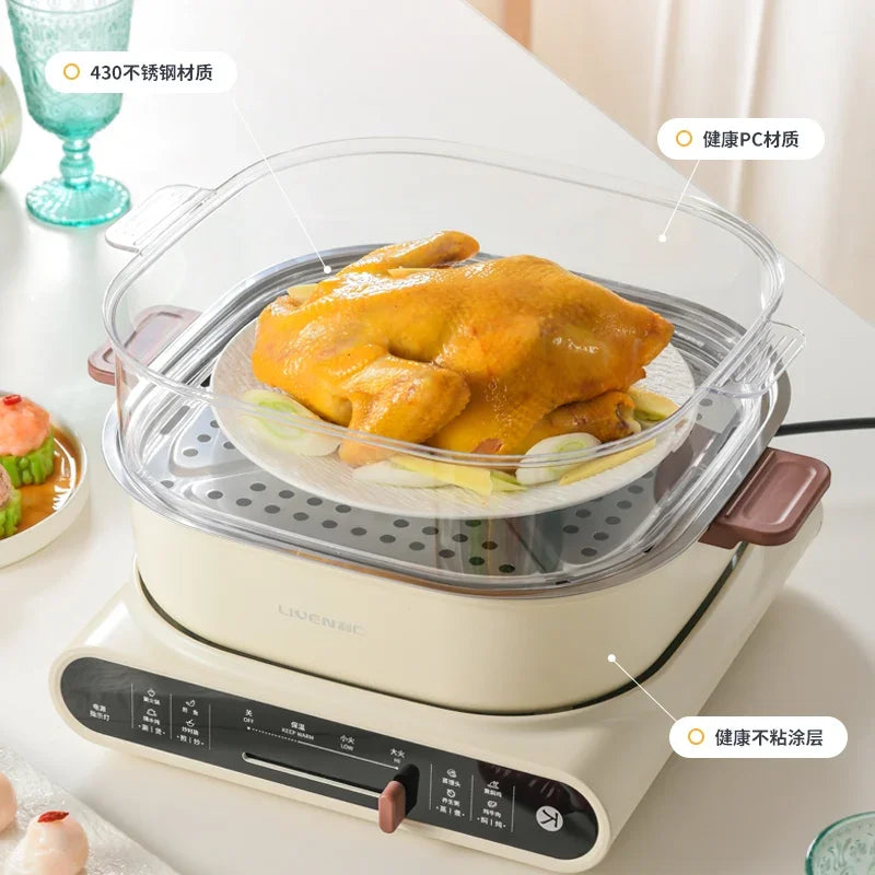 220V Electric Skillet with Multiple Cooking Options for Steaming, Frying, Stir-Frying, and Barbecue - Perfect for Every Meal AK