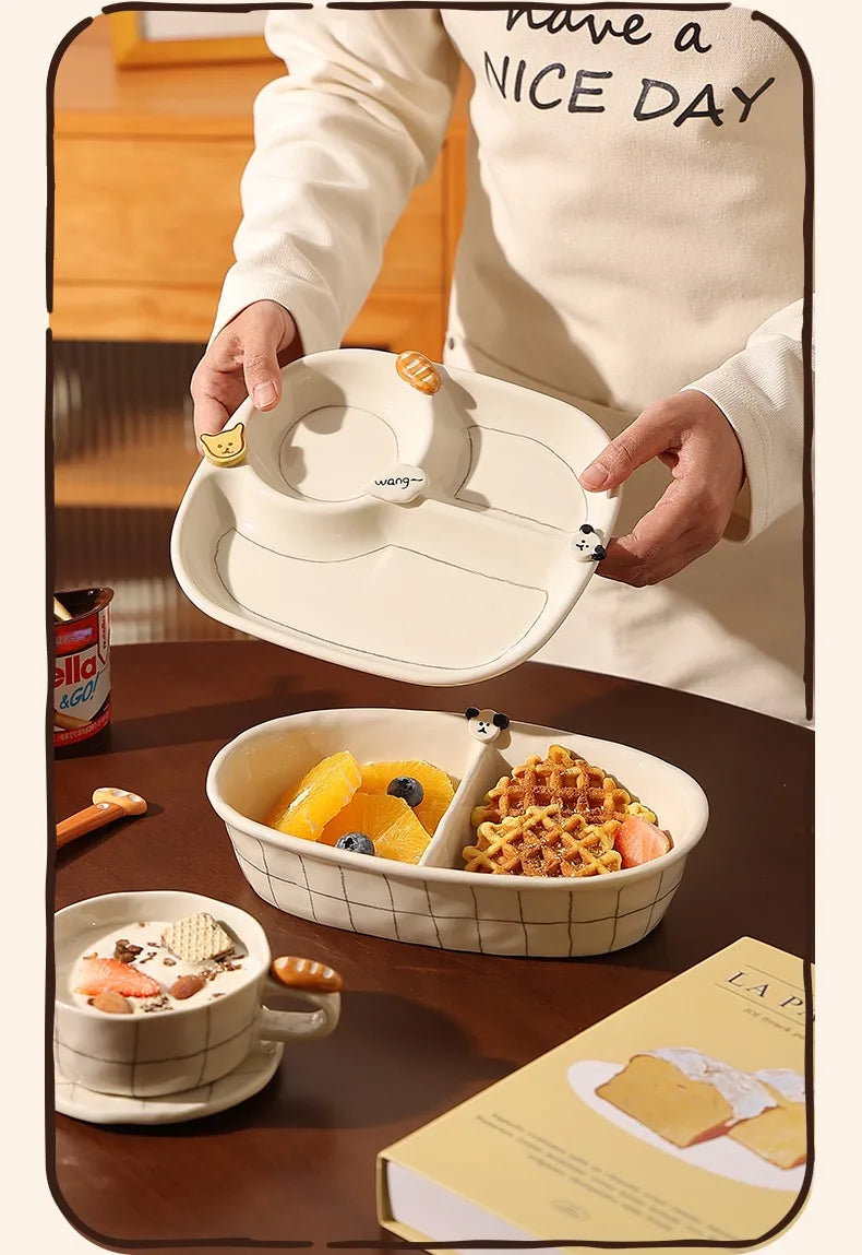 Beautiful Ceramic Breakfast Plate Dinnerware Set Coffee Cup Divided Plate Korean Style Casual Cartoon Pattern Home Use