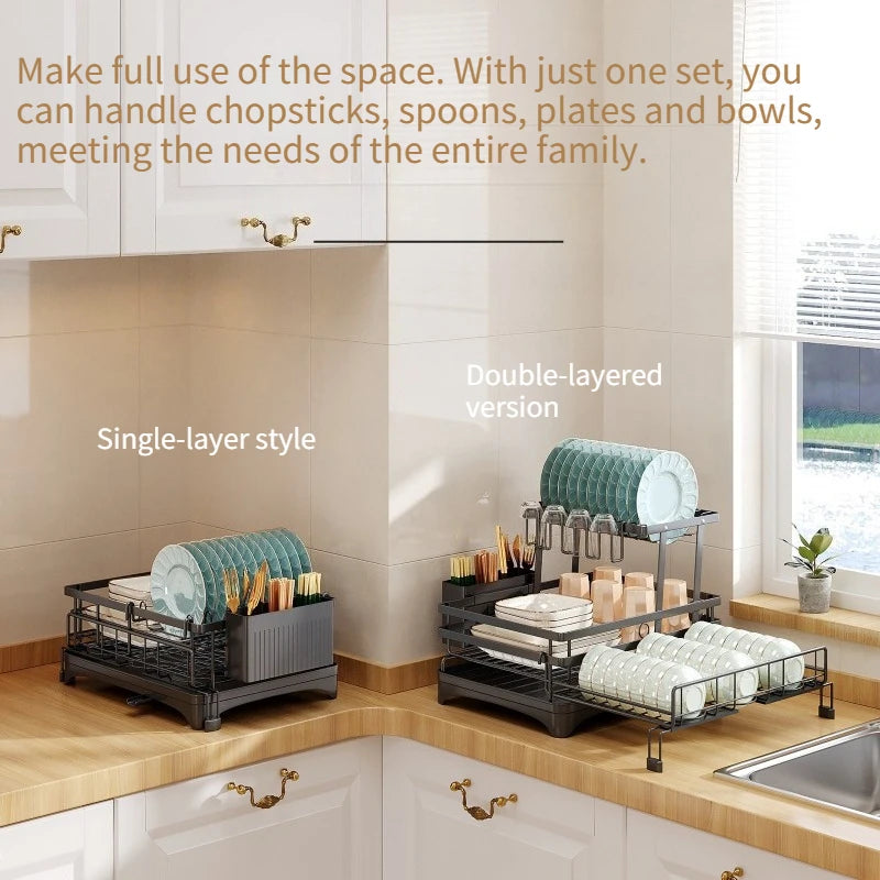 Kitchen Storage Rack, Foldable and Pull-out Cutlery Storage Platform, Double-layer Drain Basket, Bowl and Plate Storage Rack