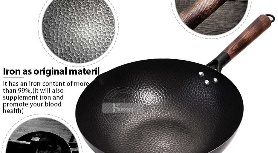 Konco Iron wok Cast iron pan Non-coated Pot General use for Gas and Induction Cooker 32cm Chinese Wok Cookware Pan Kitchen Tools