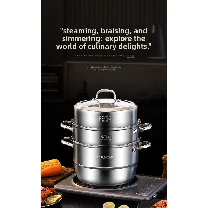 Household 304 stainless steel steamer -thick bottom, large capacity, dual-layer and triple-layer multi-functional universal type