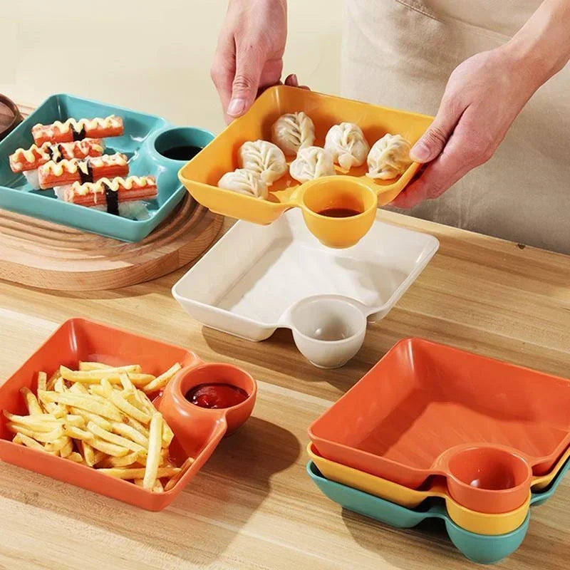 4pcs Easter Themed Chips & Dip Plates, Plastic Dumpling Serving Platter with Dipping Cup, Divided Snack Dishes for Appetizer