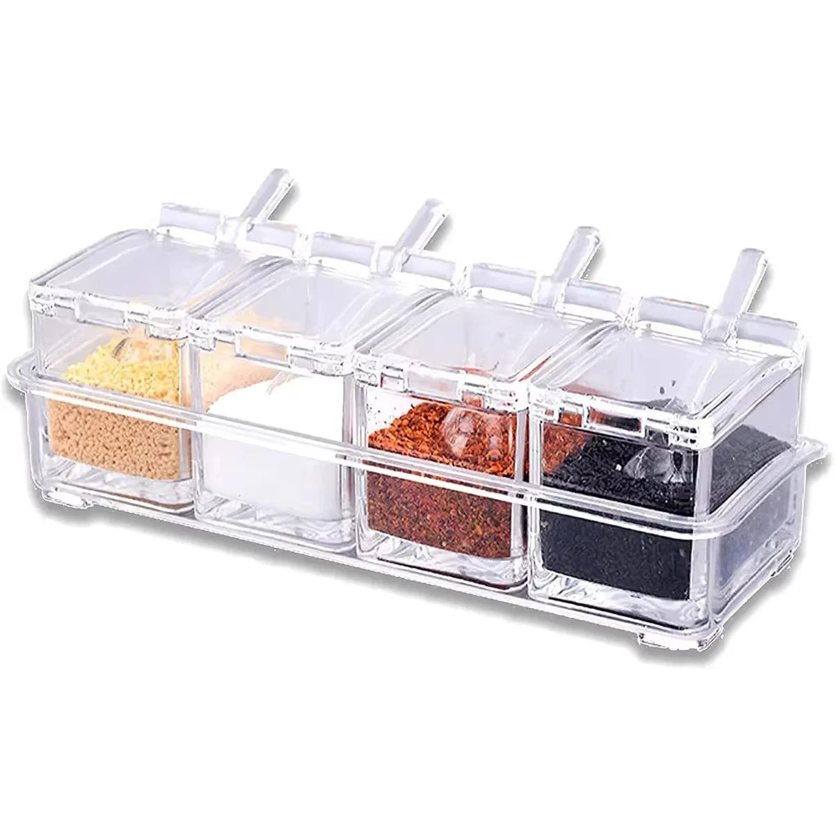 Kitchen Accessories Gourmet Acrylic Seasoning Box with 4 Serving Spoons Spice Jar Set Condiment Cruet Bottle Kitchen Supplies