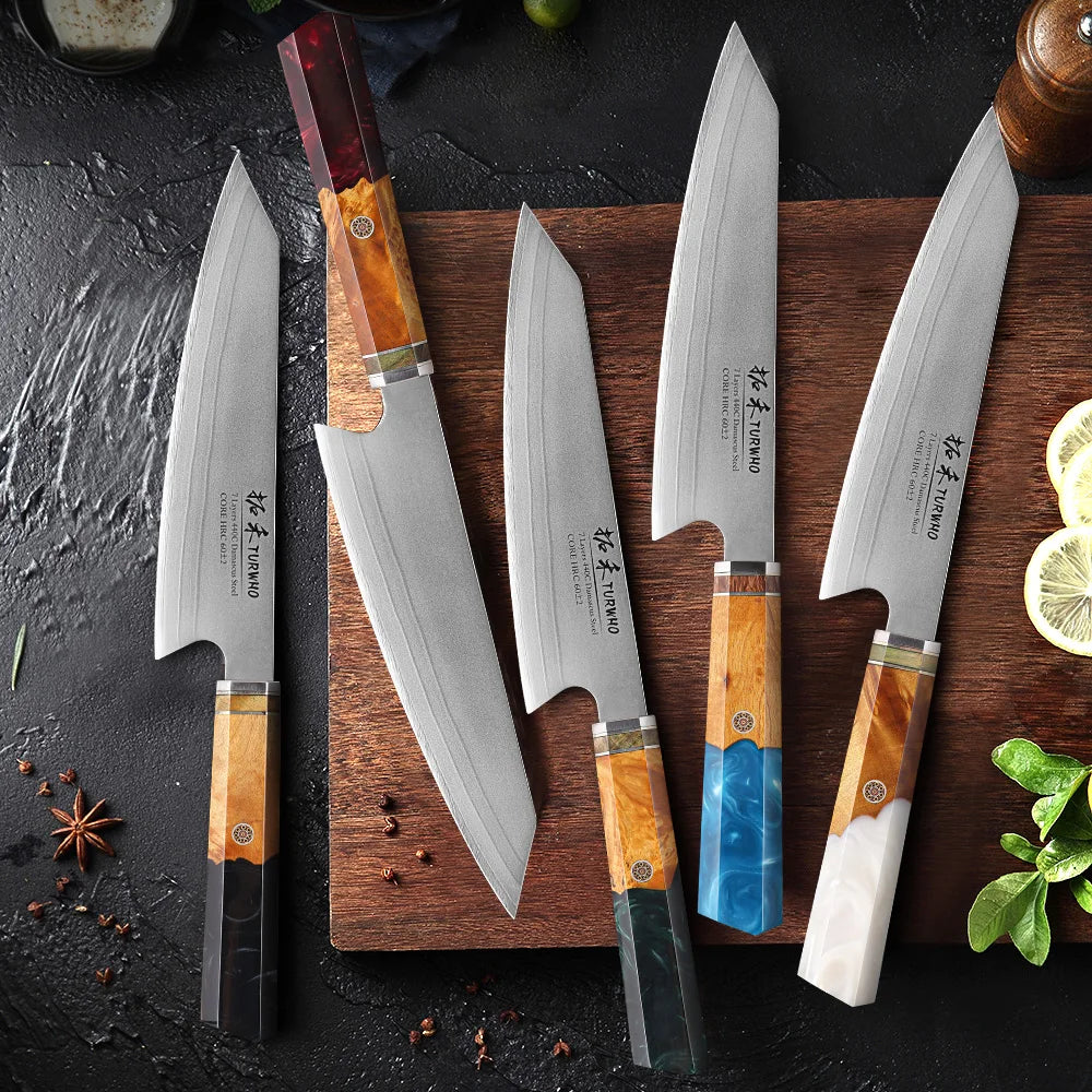 TURWHO 8" Japanese Kiritsuke Knife 7 Layer 440C Damascus Steel Hand Forged Meat Cleaver Kitchen Chef Knives Sharp Cooking Tools