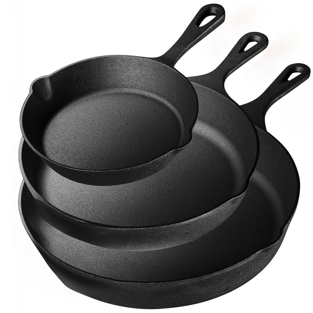 3-Piece Bare Cast Iron Skillet Set (6/8/10 Inches) | 100% Natural Seasoning, No Chemical Coatings | Clan Sand Cast.