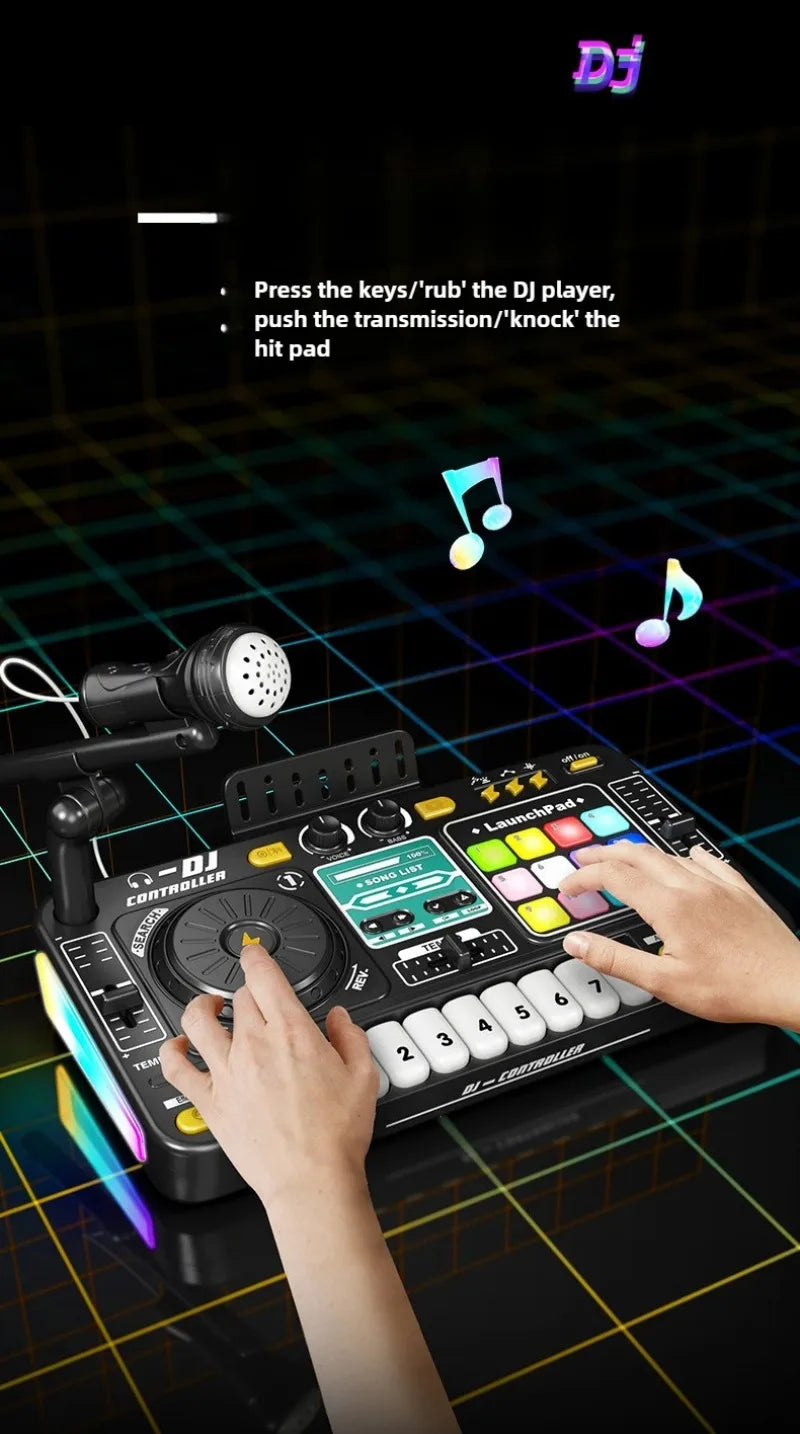 Kid DJ Mixer with Microphone Multifunctional Electronic Piano Keyboard Bluetooth DJ Turntable Controller Kid Musical Instrument