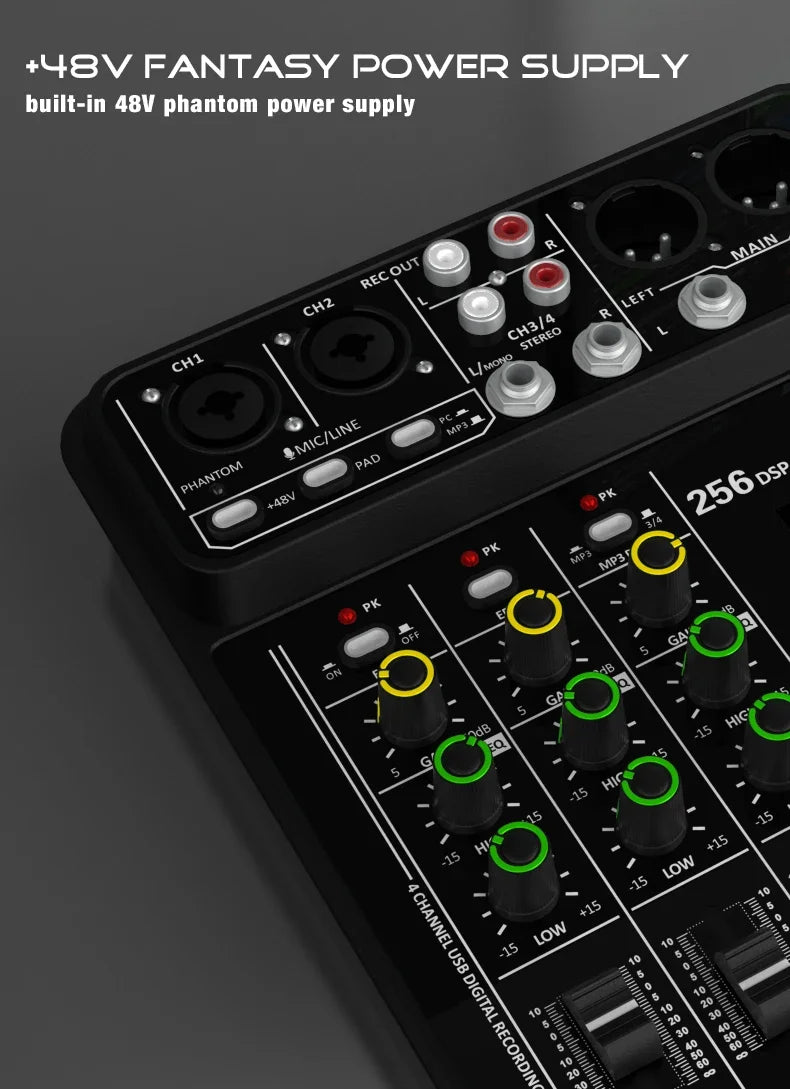 Audio Interface Mixer with Bluetooth USB Recording Computer 48V Phantom Power Delay Replay Effects, 4-Channel Audio Mixer ﻿