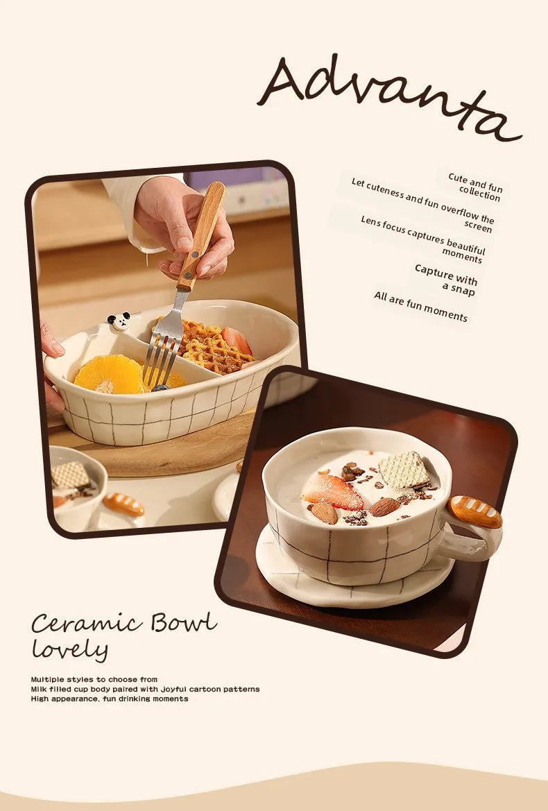 Beautiful Ceramic Breakfast Plate Dinnerware Set Coffee Cup Divided Plate Korean Style Casual Cartoon Pattern Home Use