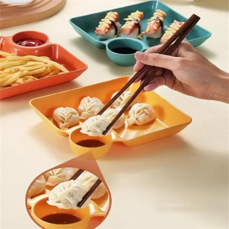 4pcs Easter Themed Chips & Dip Plates, Plastic Dumpling Serving Platter with Dipping Cup, Divided Snack Dishes for Appetizer