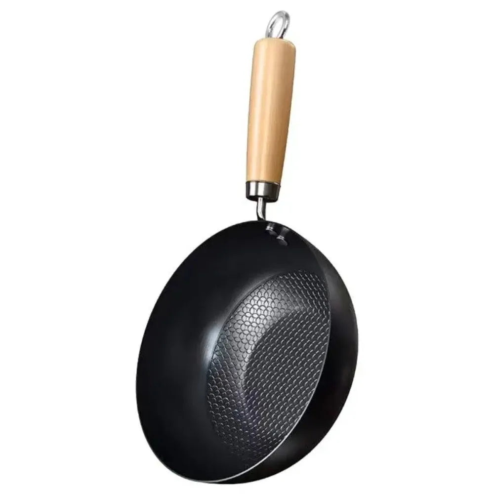 Durable Non-stick Small Cast Iron Wok No Coating Universal Frying Pan Wood Handle Deepened Pot Single