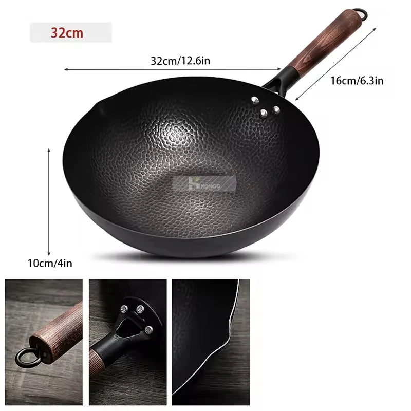 32cm Iron Wok Craft Wok Traditional Hand Hammered Chinese Carbon Steel Wok Iron Pot for Induction,Gas,Suitable for All Stoves