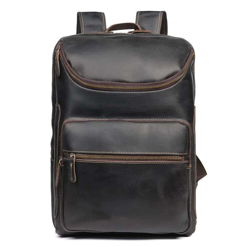 Men's 15.6 Inch Business Laptop Backpack Black Premium Cowhide Leather for Commuter Casual Student Office Travel