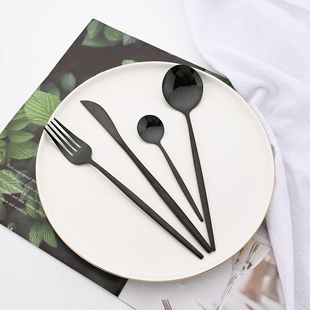 4/6/12/16/24Pcs Tableware Dinnerware Set Black Cutlery Set Stainless Steel Fork Knife Teaspoon Dinner Kitchen Flatware Set