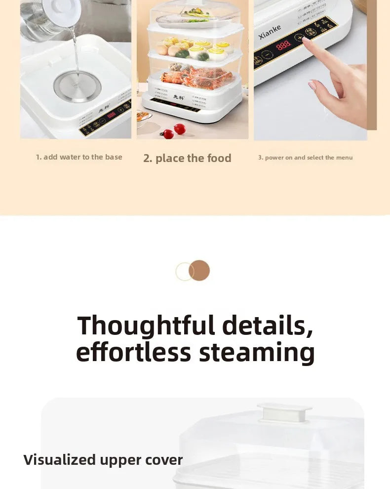 Electric Steamer Multi-Functional Three-Layer Breakfast Maker with Large Capacity, Keep Warm, Pre-Set Timer