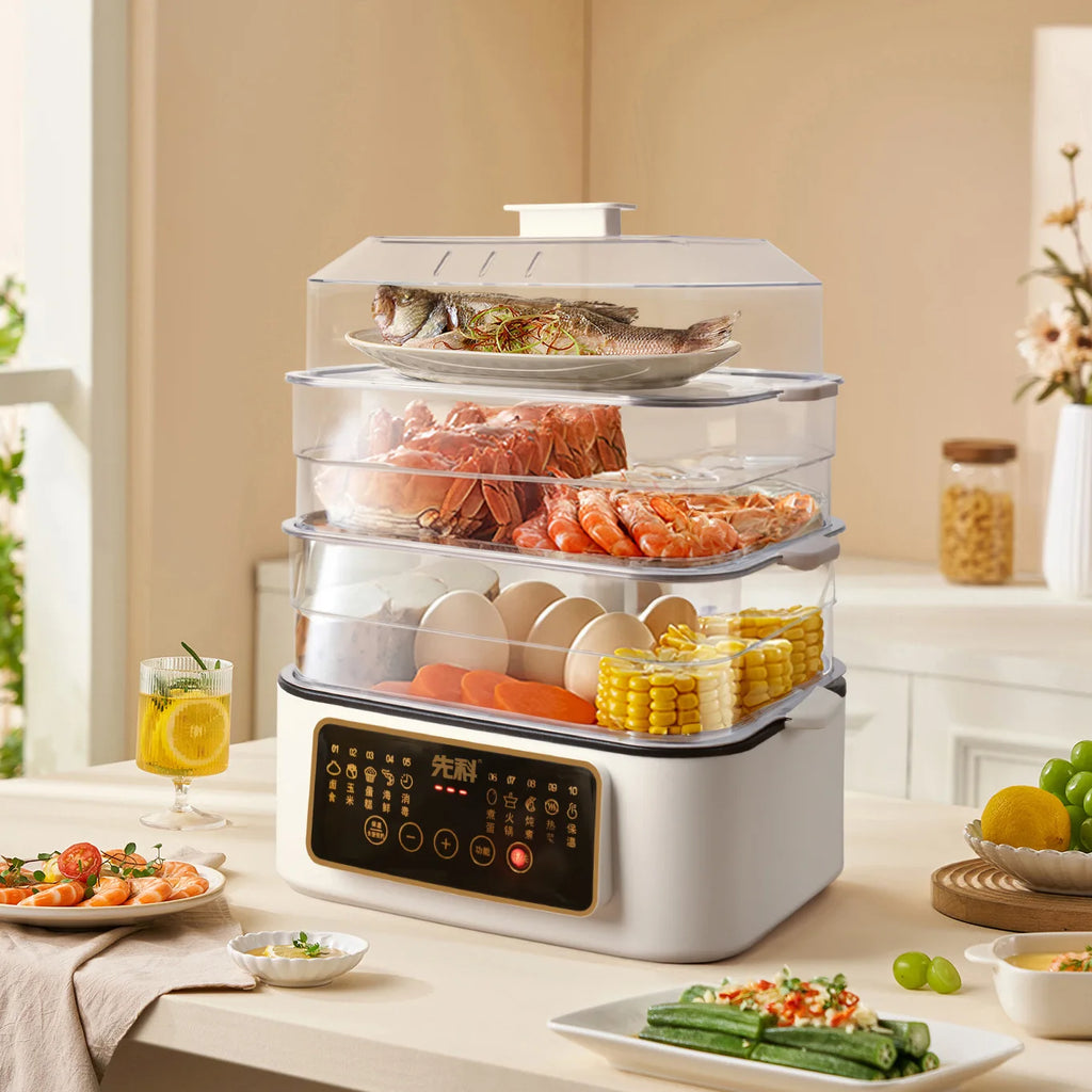 Electric Steamer Multi-Functional Three-Layer Breakfast Maker with Large Capacity, Keep Warm, Pre-Set Timer