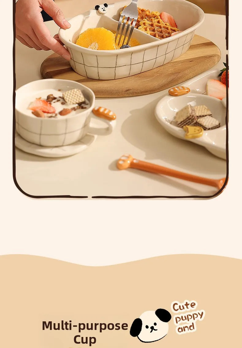 Beautiful Ceramic Breakfast Plate Dinnerware Set Coffee Cup Divided Plate Korean Style Casual Cartoon Pattern Home Use