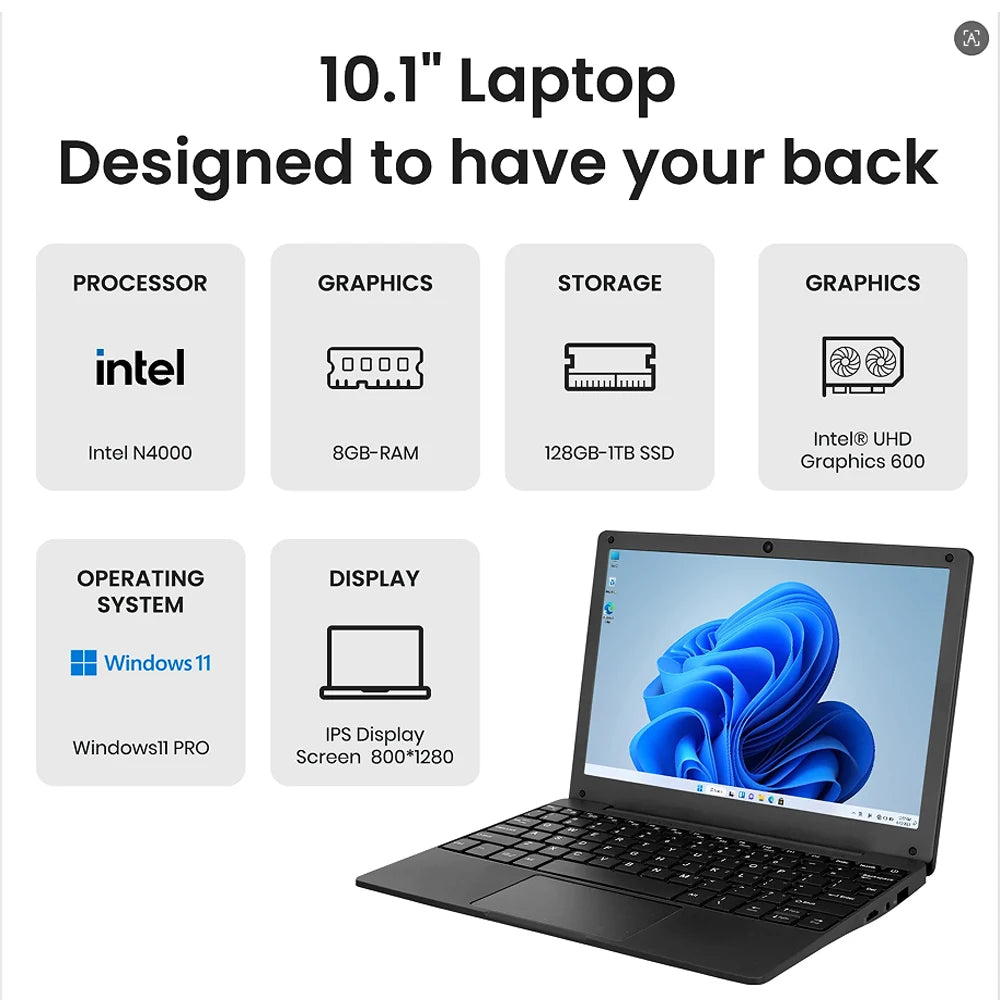 Windows11 Laptop 10.1inch Notebook Computer Learning Laptop Netbook for Kids Men Women (8GB/128GB)
