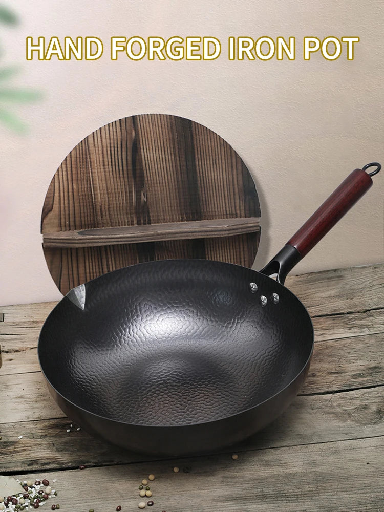 Pure Iron wok cast iron pan Non-coated Pot General use for Gas and Induction Cooker 32cm Chinese Wok Cookware Pan