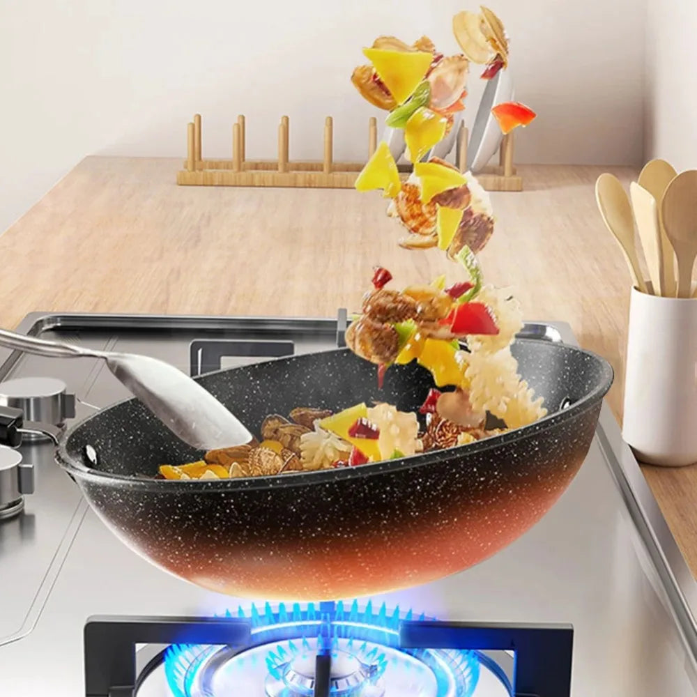 Kitchen Cookware Non-Stick Stir-Fry Pan Universal with Lid Skillet Flat Bottomed Frying Pan Cooking