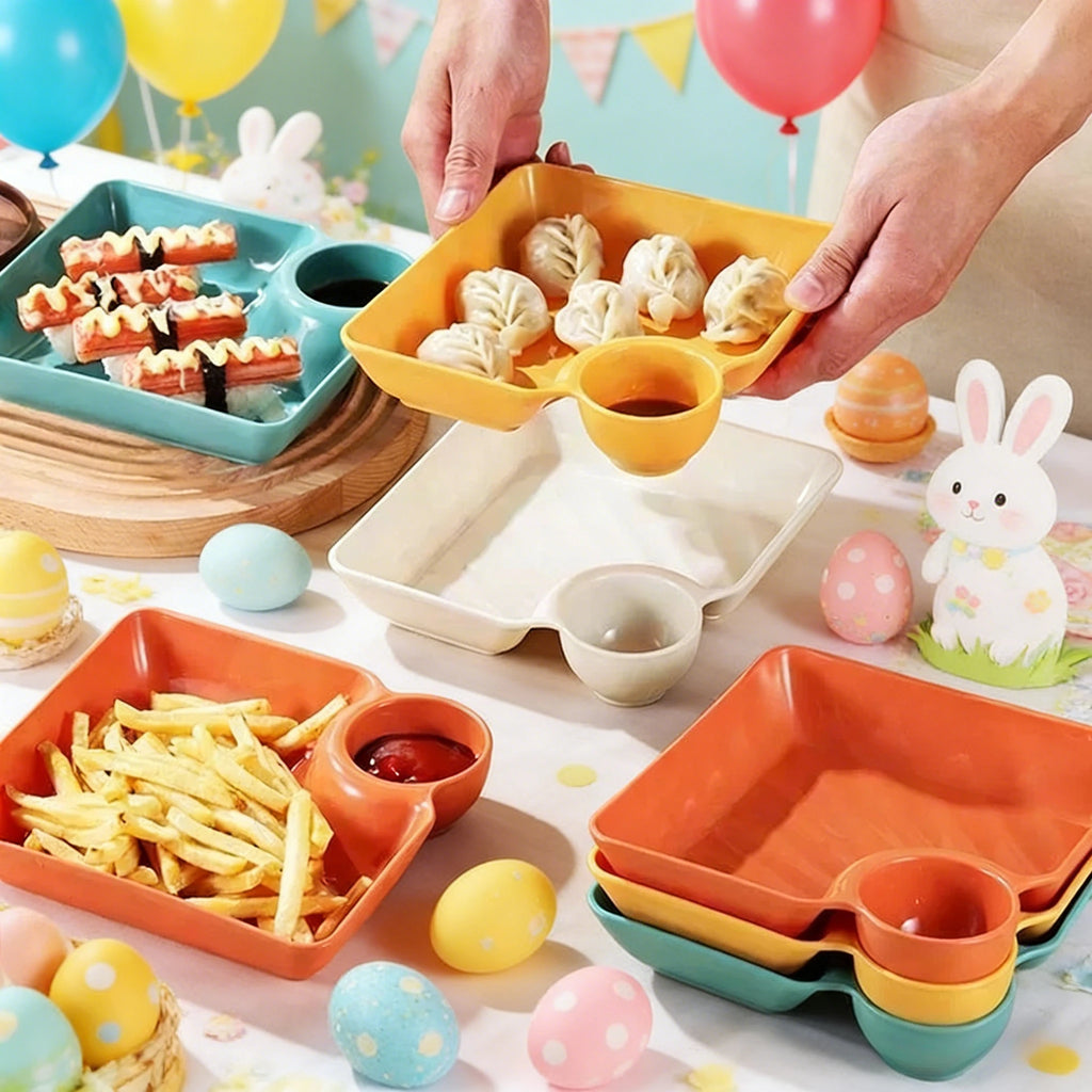 4pcs Easter Themed Chips & Dip Plates, Plastic Dumpling Serving Platter with Dipping Cup, Divided Snack Dishes for Appetizer