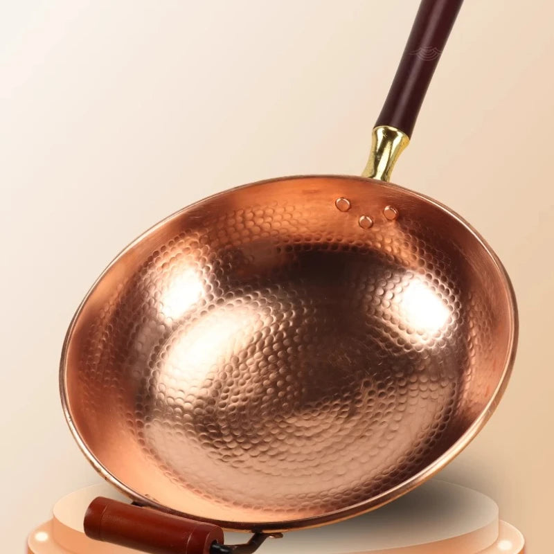 Hand-Forged Pure Copper Wok Pan Non-Stick Without Coating Traditional Cookware for Home & Commercial Use Ergonomic Handle