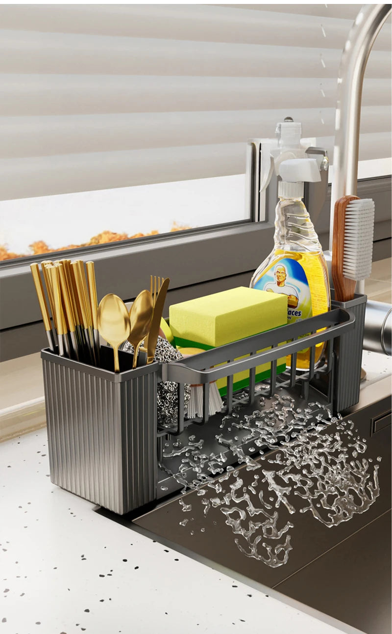 Kitchen Cleaning Tools Storage Rack Cleaning Sponge Cleaner Drainage Rack Plastic Multifunctional Dishcloth Rod Cutlery Holder