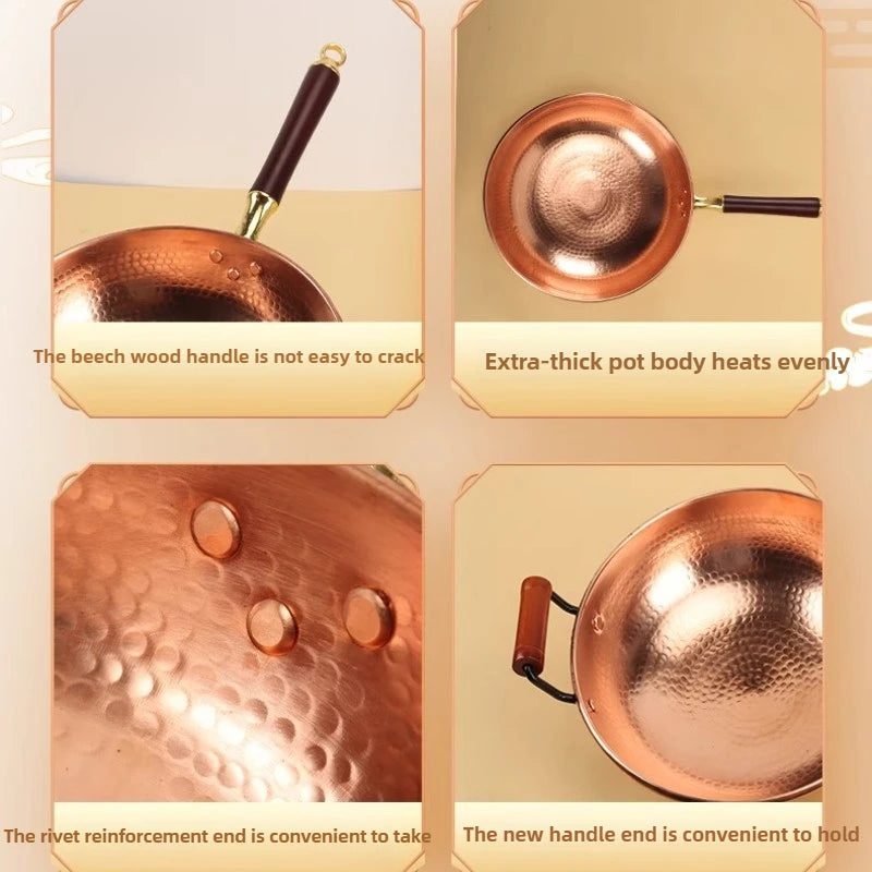Hand-Forged Pure Copper Wok Pan Non-Stick Without Coating Traditional Cookware for Home & Commercial Use Ergonomic Handle