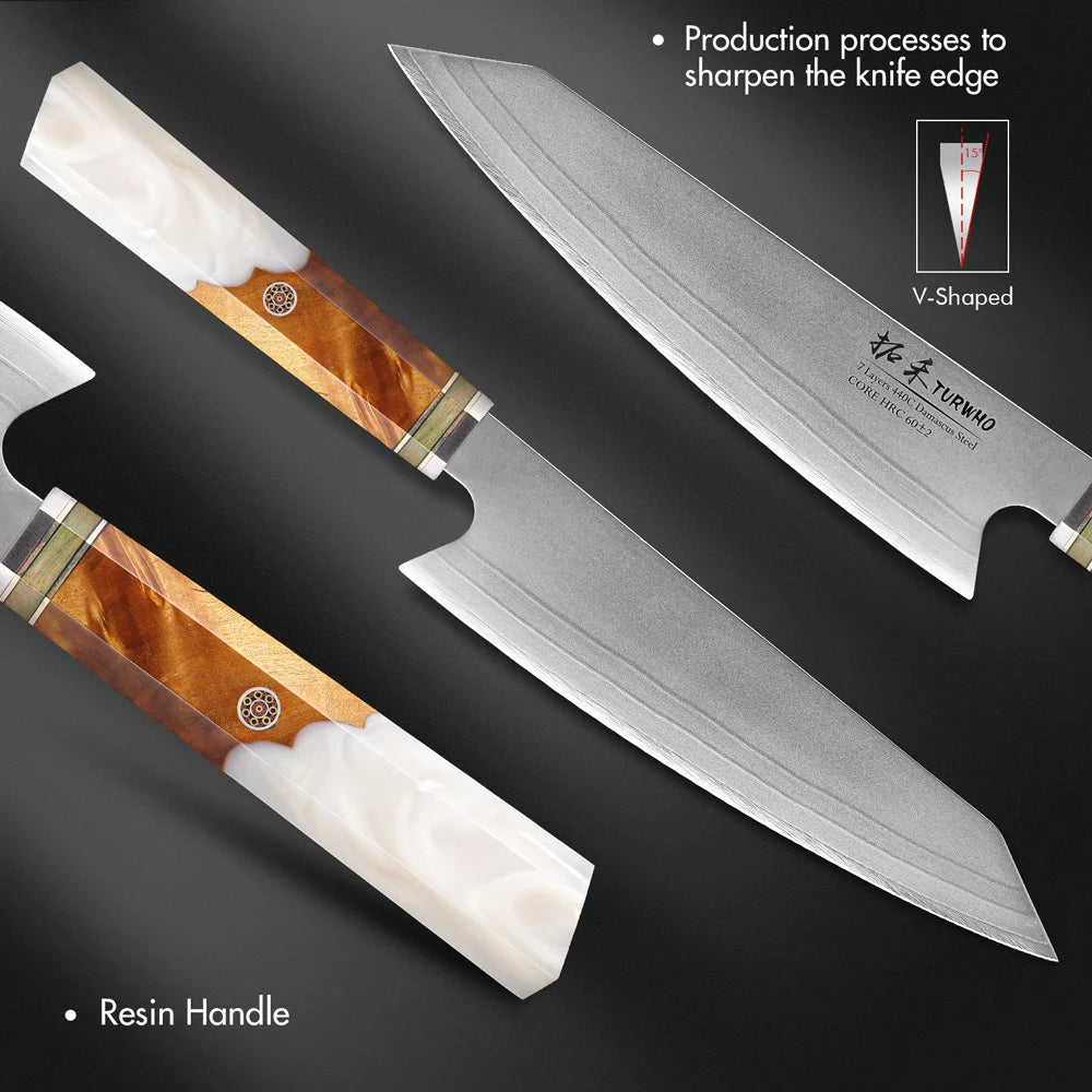 TURWHO 8" Japanese Kiritsuke Knife 7 Layer 440C Damascus Steel Hand Forged Meat Cleaver Kitchen Chef Knives Sharp Cooking Tools