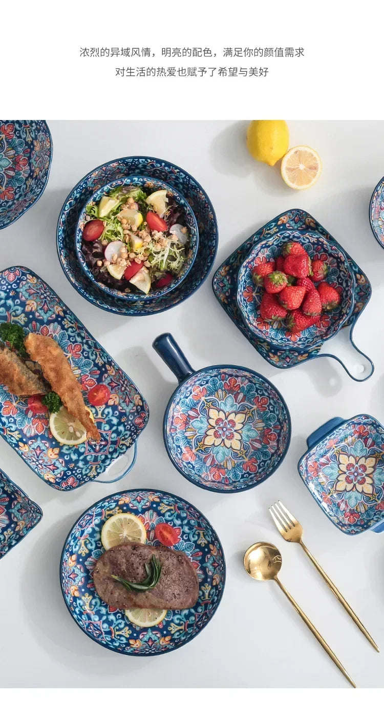 Bohemia Ceramic Rice Bowl Serving Plate Creative Ceramic Cutlery Soup Noodle Bowl Household Handle Bowl Sauce Dish
