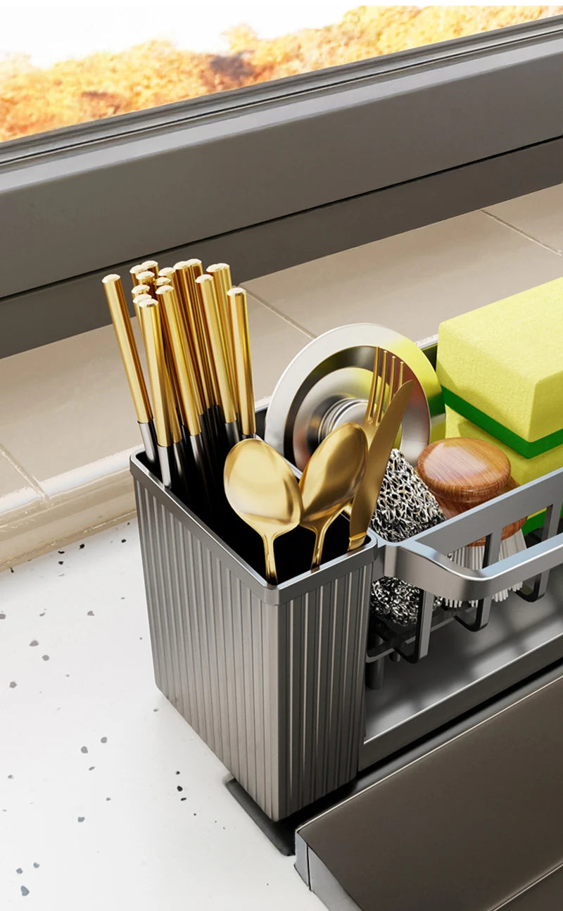 Kitchen Cleaning Tools Storage Rack Cleaning Sponge Cleaner Drainage Rack Plastic Multifunctional Dishcloth Rod Cutlery Holder