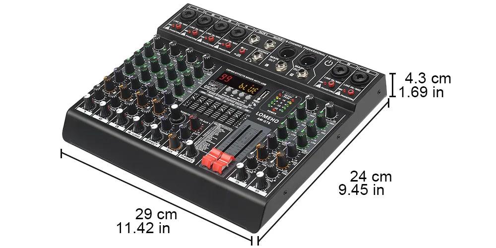 LOMEHO 7 Band EQ Audio Sound Mixer Table 6/8 Channel Mixing DJ Console with USB 2 AUX Output Individual 48V 99 Effect  AM-GT6/8