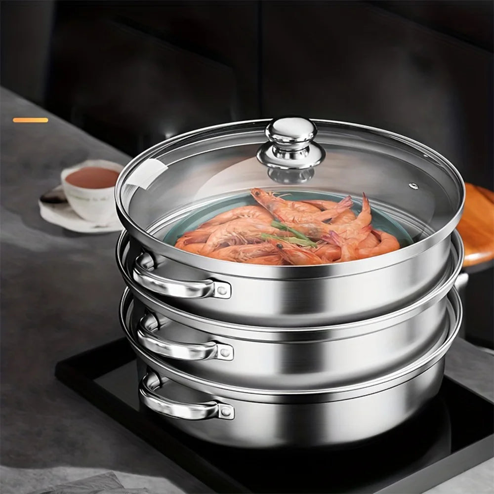 1pc 2/3 three-layer Stainless Steel Steamer, Thickened Material, Durable And Easy To Wash!