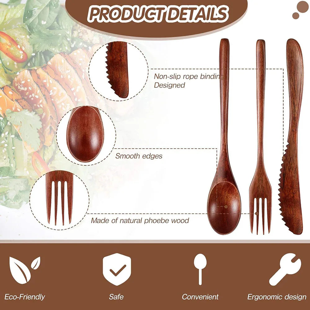 Wooden Cutlery Set For Dinner, Kitchen Flatware Tableware Utensil Set Includes Spoon, Fork, Knife