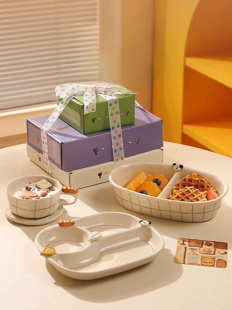 Beautiful Ceramic Breakfast Plate Dinnerware Set Coffee Cup Divided Plate Korean Style Casual Cartoon Pattern Home Use