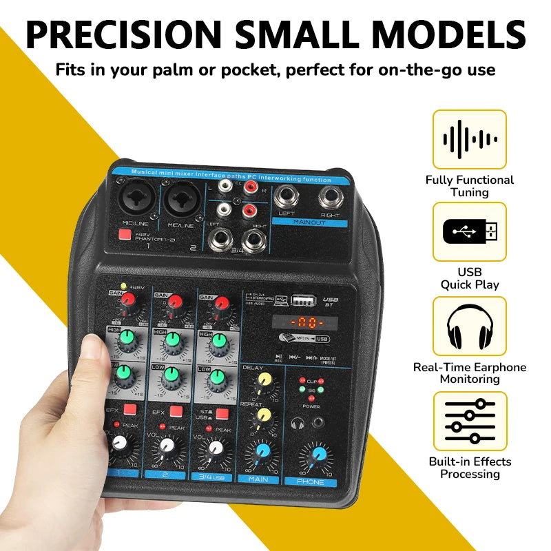 4 Channel Mixer DJ Mixing Console Portable Channel Mixer Multi Interfaces PC Compatible for Recording Live Streaming Karaoke
