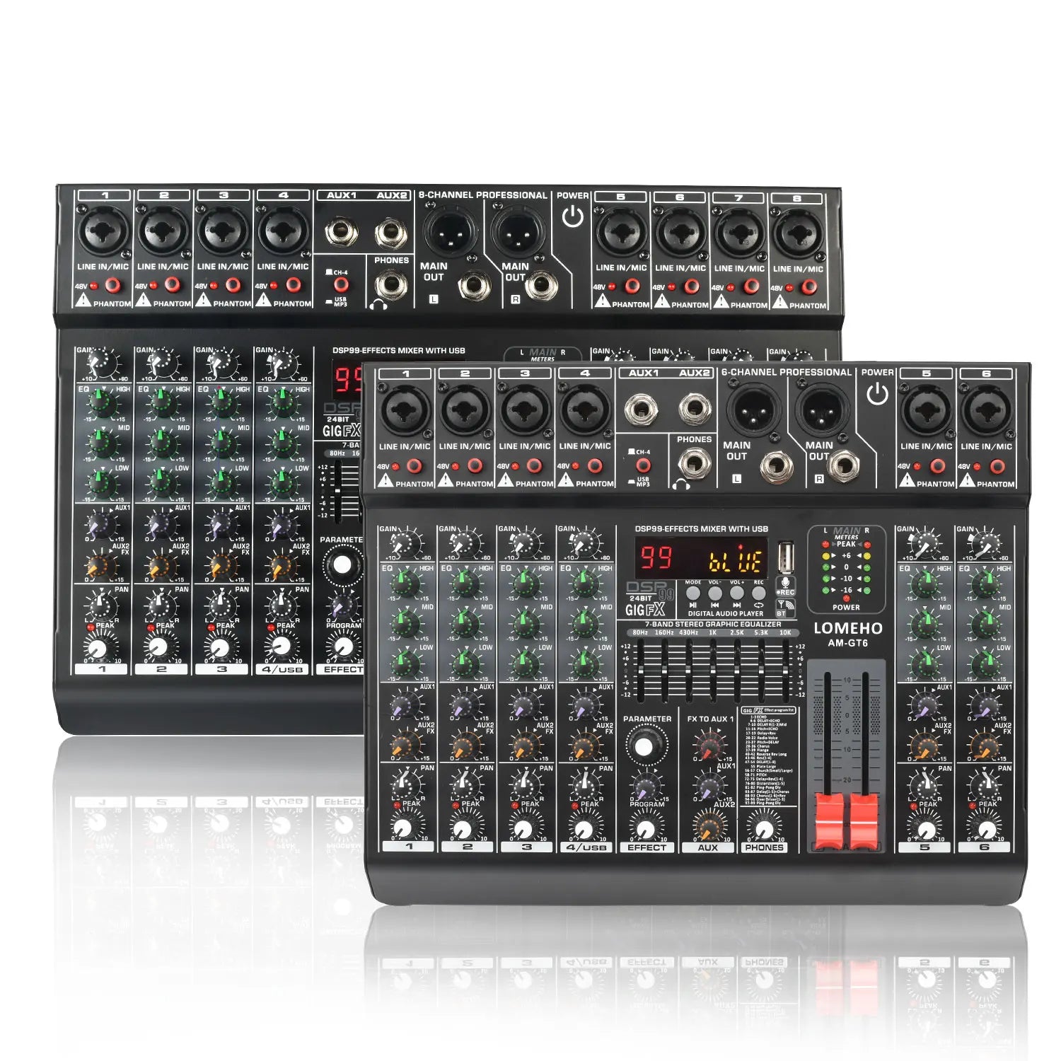 LOMEHO 7 Band EQ Audio Sound Mixer Table 6/8 Channel Mixing DJ Console with USB 2 AUX Output Individual 48V 99 Effect  AM-GT6/8