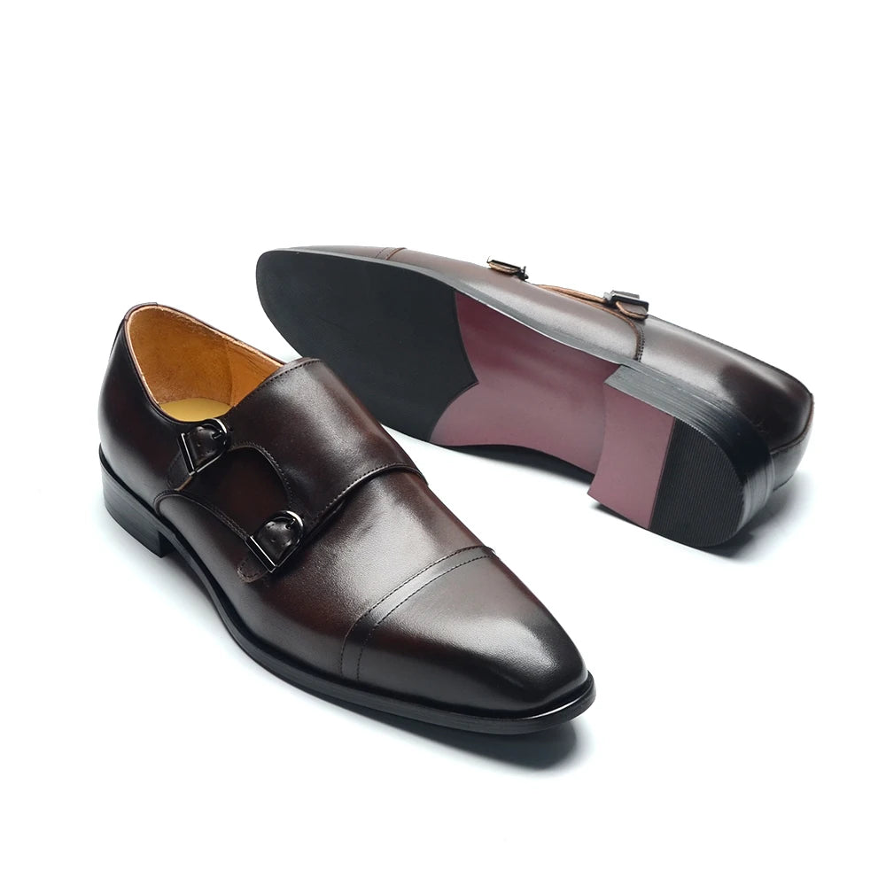 Luxury Men's Business Dress Shoes Genuine Leather Monk Strap Buckle Handmade Italian Brown Black Office Suit Formal Shoes Man